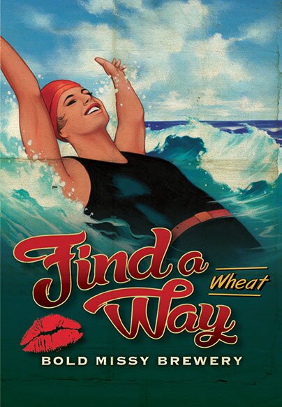 Find Your Way Wheat Ale handpainted poster of a smiling woman doing the backstroke amongst blue waves.