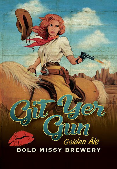 Git Yer Gun Golden Ale handpainted poster of red-haired female cowgirl riding a horse in a desert scene.