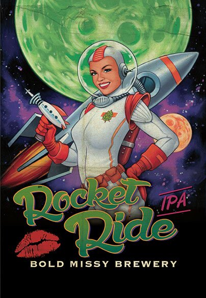 Rocket Ride IPA handpainted poster of female astronaut against a space-age background